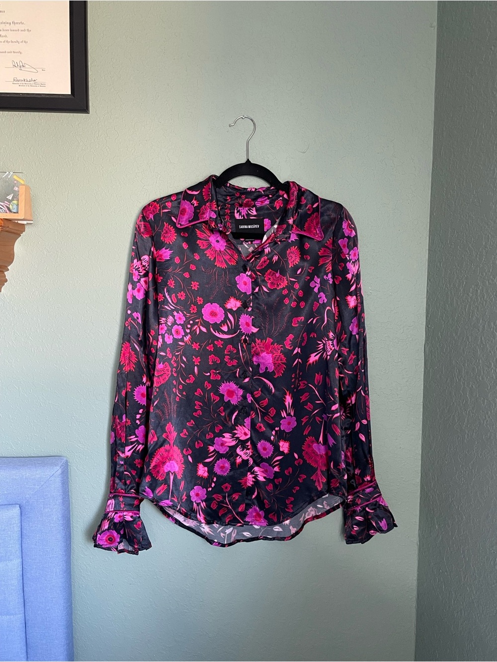 Sabina Musayev Black Pink Floral Button Down Blouse Top Size XS Magenta Black